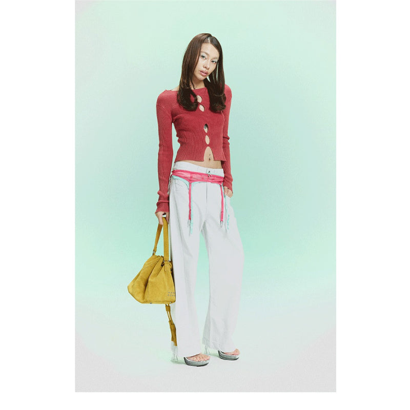 Pokiovo Openwork Long Sleeve Knit Top