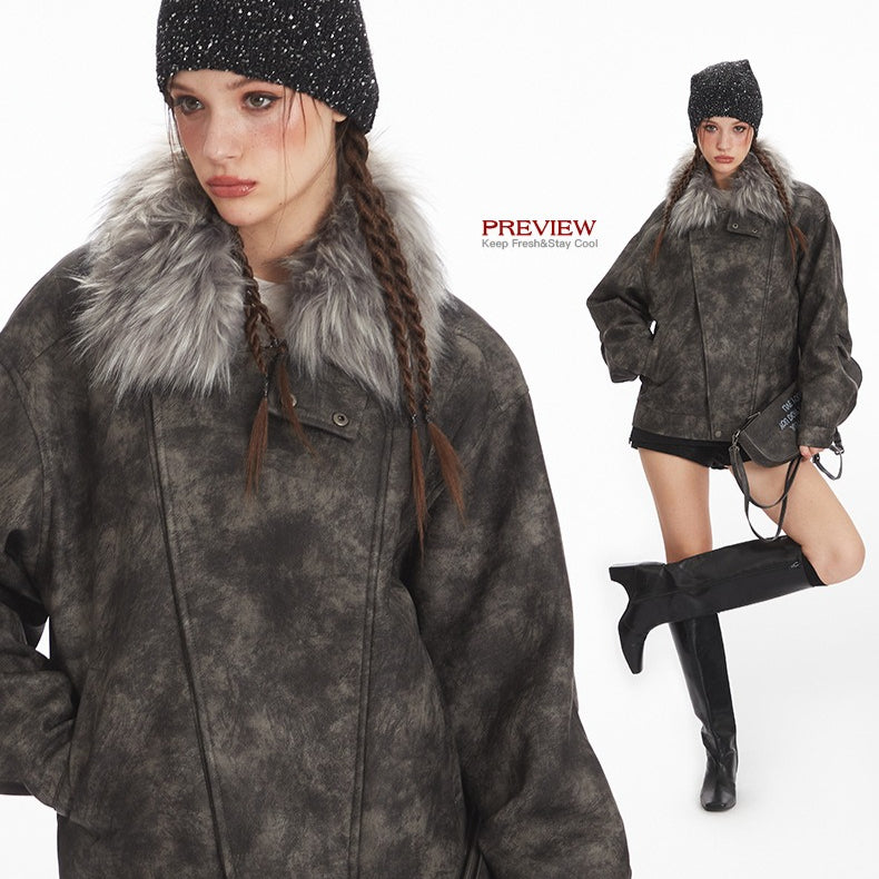 Vintage suede jacket with fur collar | 2 color