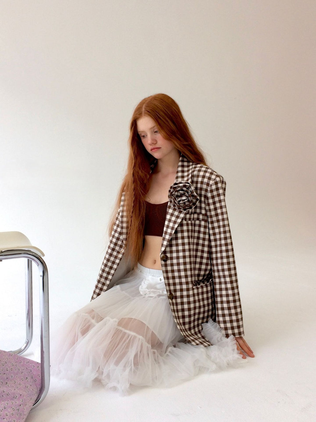 Ovina Floral Check Blazer | Apricot
