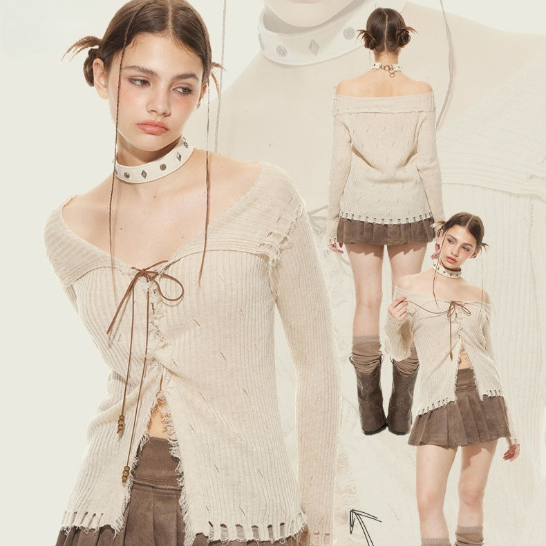 Torn and straps knitted shirt | 2 color