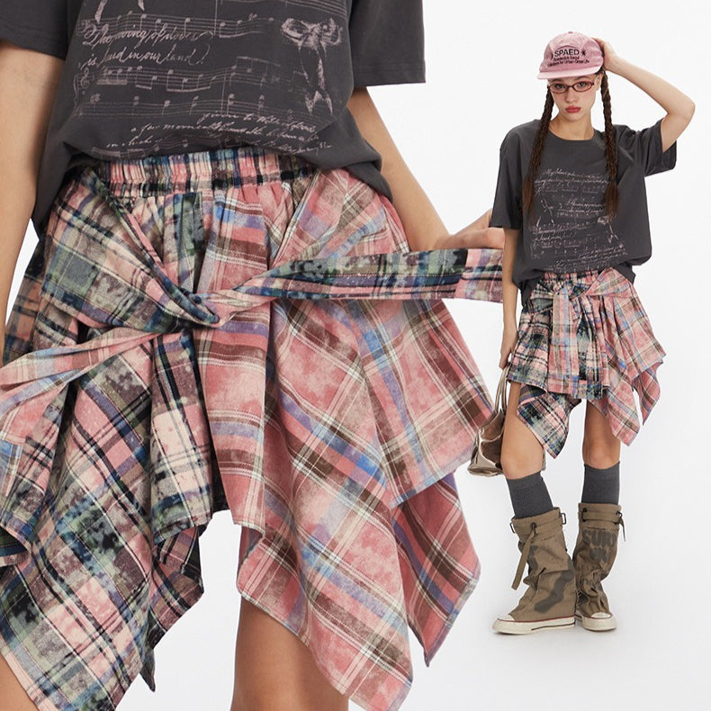 Irregular hem check skirt