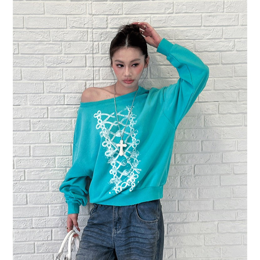 Pokiovo Off Shoulder Military Inspired Sweatshirt