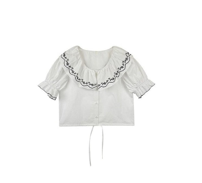 Ovina Floral Embroidered Collar Blouse | White