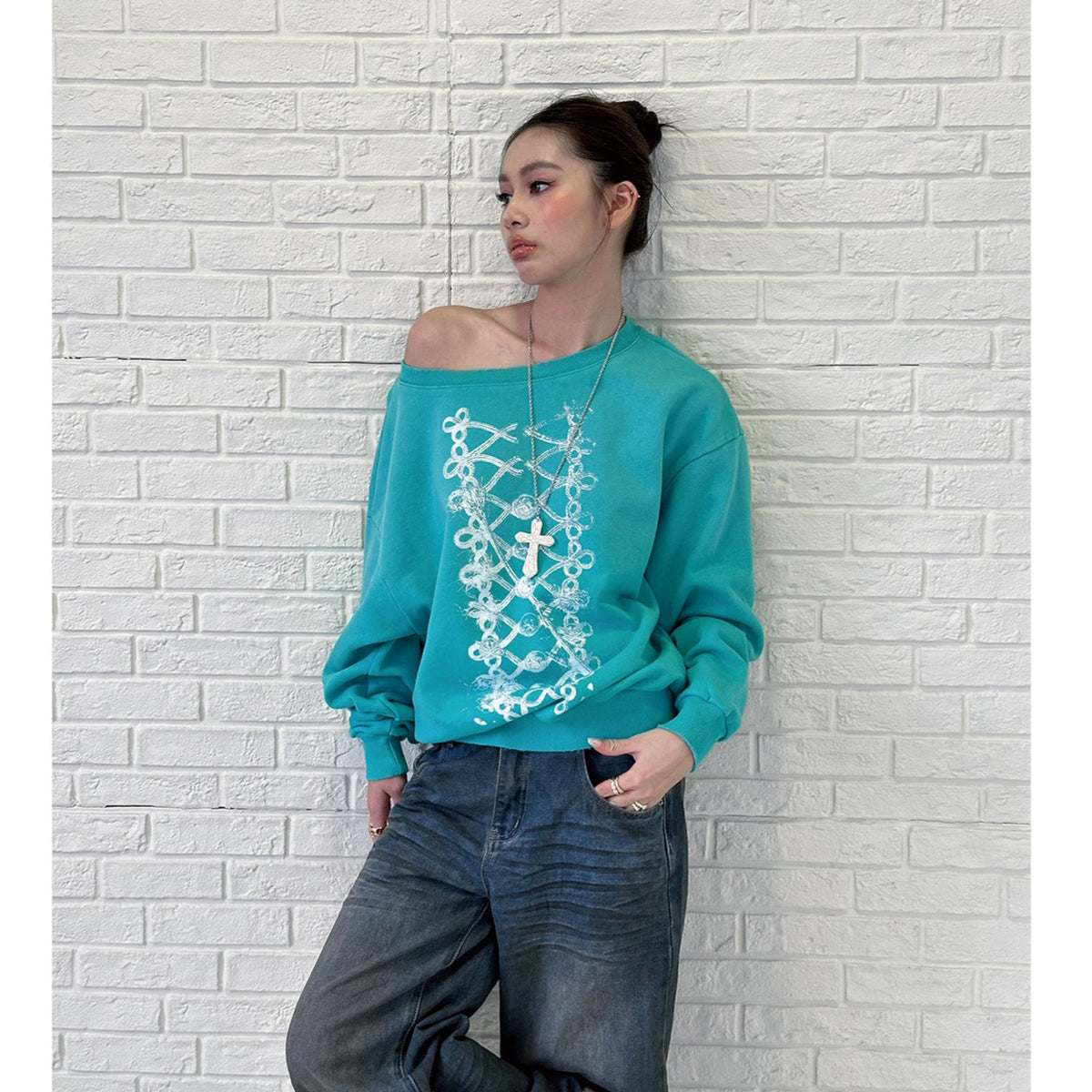 Pokiovo Off Shoulder Military Inspired Sweatshirt