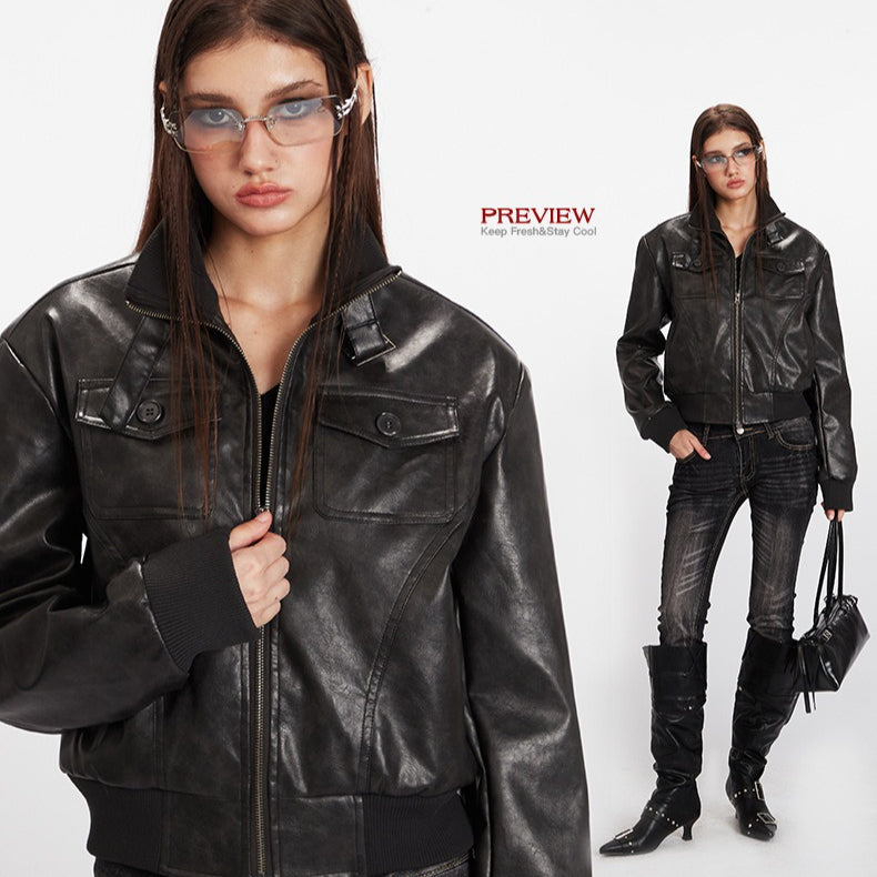 Glossy cropped chic PU jacket | 2 color