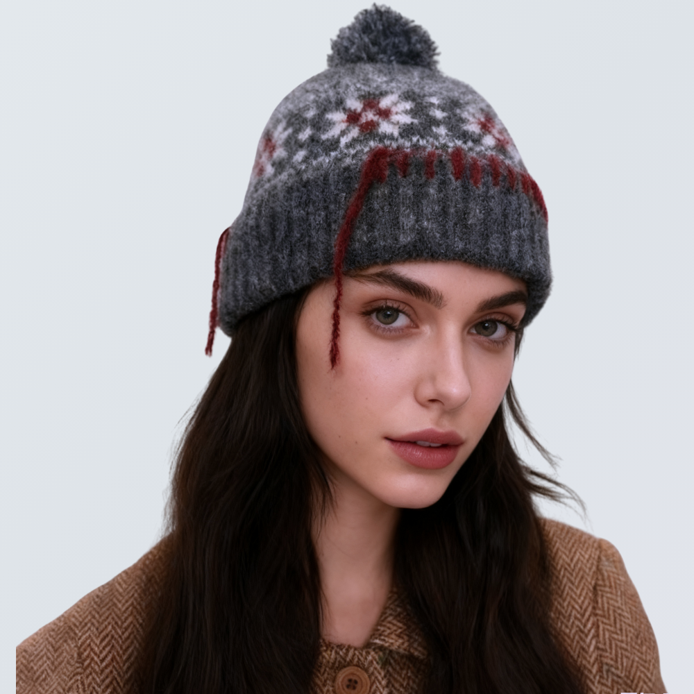 Wool-Blend Nordic Snowflake Knit Beanie