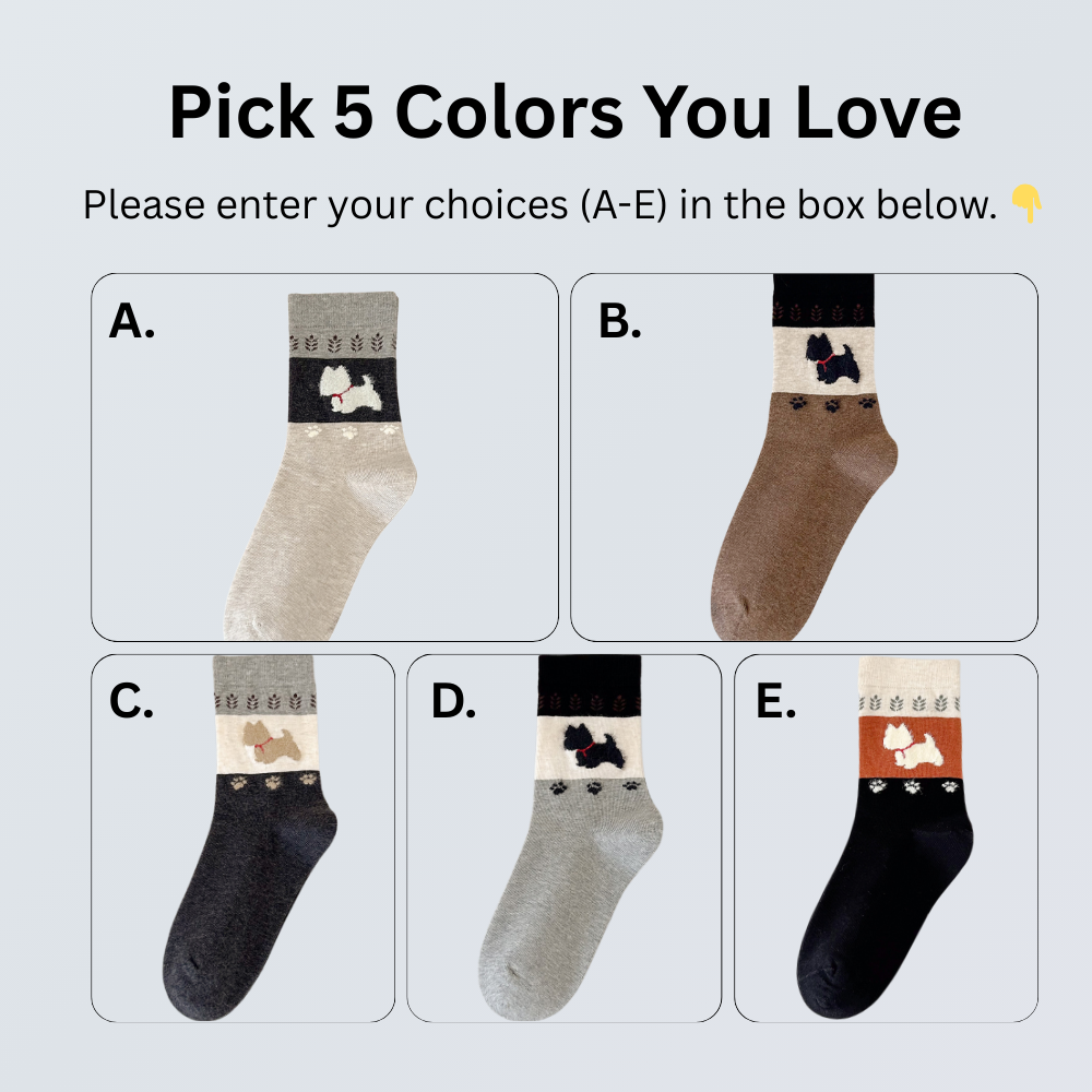 5-Pair Retro Dog Embroidery Crew Socks