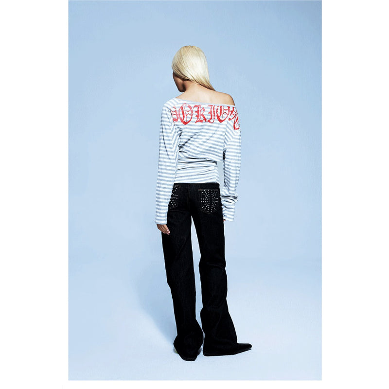 Pokiovo Striped Off Shoulder Long Sleeve Top