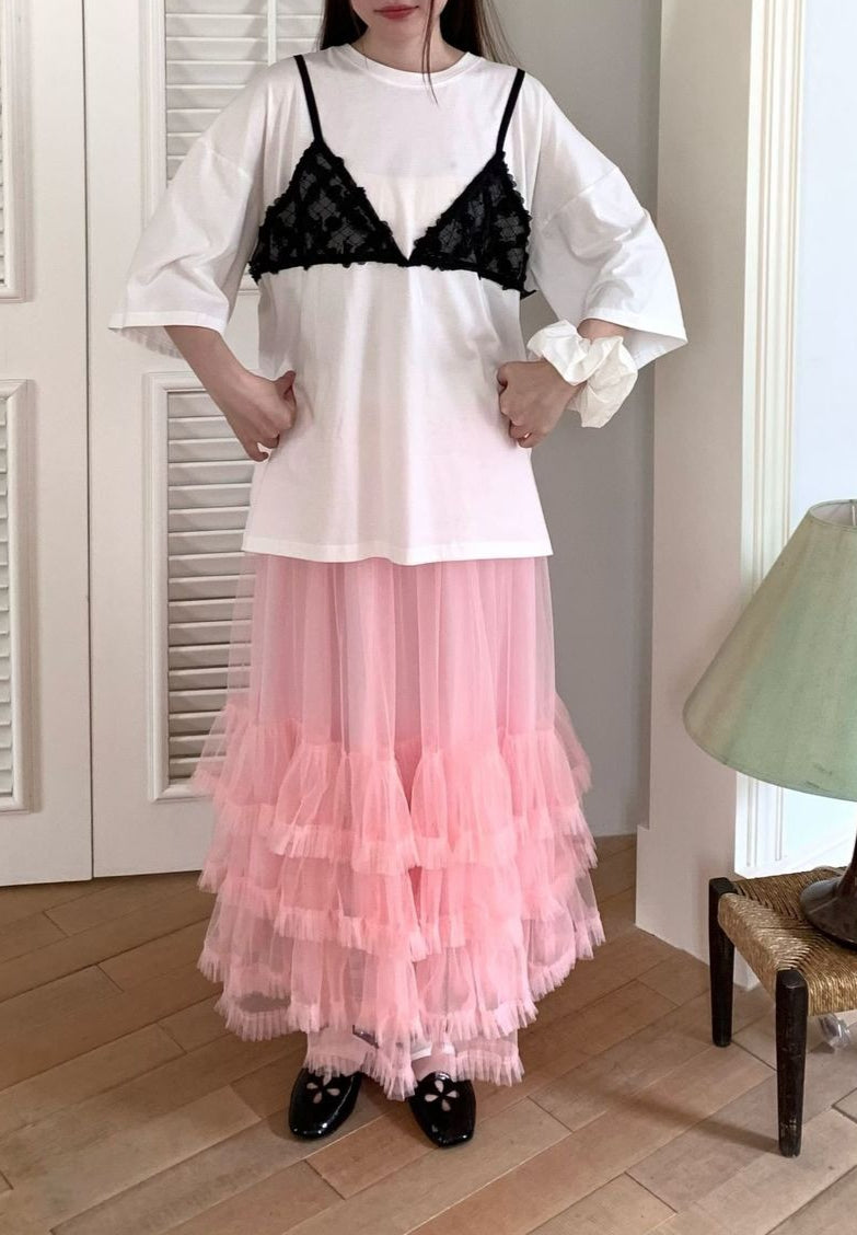 Ovina Ruffled Mesh Maxi Skirt | Pink