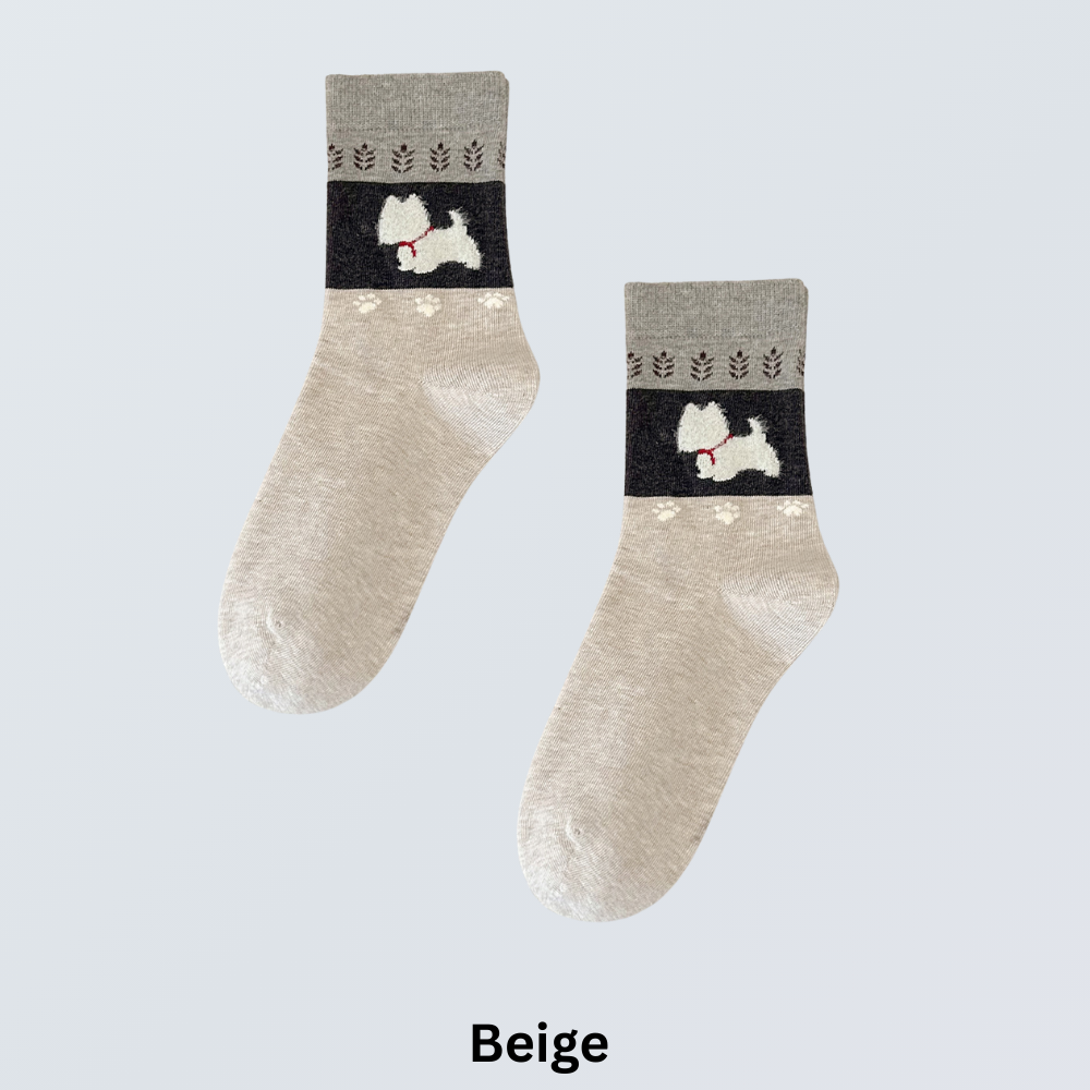 5-Pair Retro Dog Embroidery Crew Socks