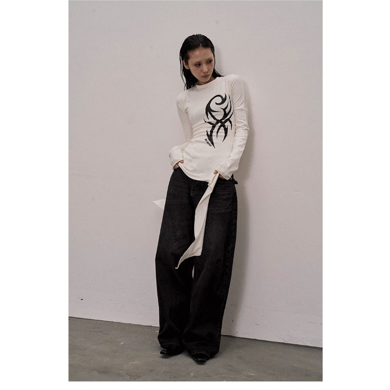Pokiovo Printed Tie Detail Long Sleeve Top | White