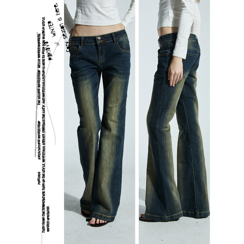 Pokiovo Mid Rise Vintage Wash Flared Jeans