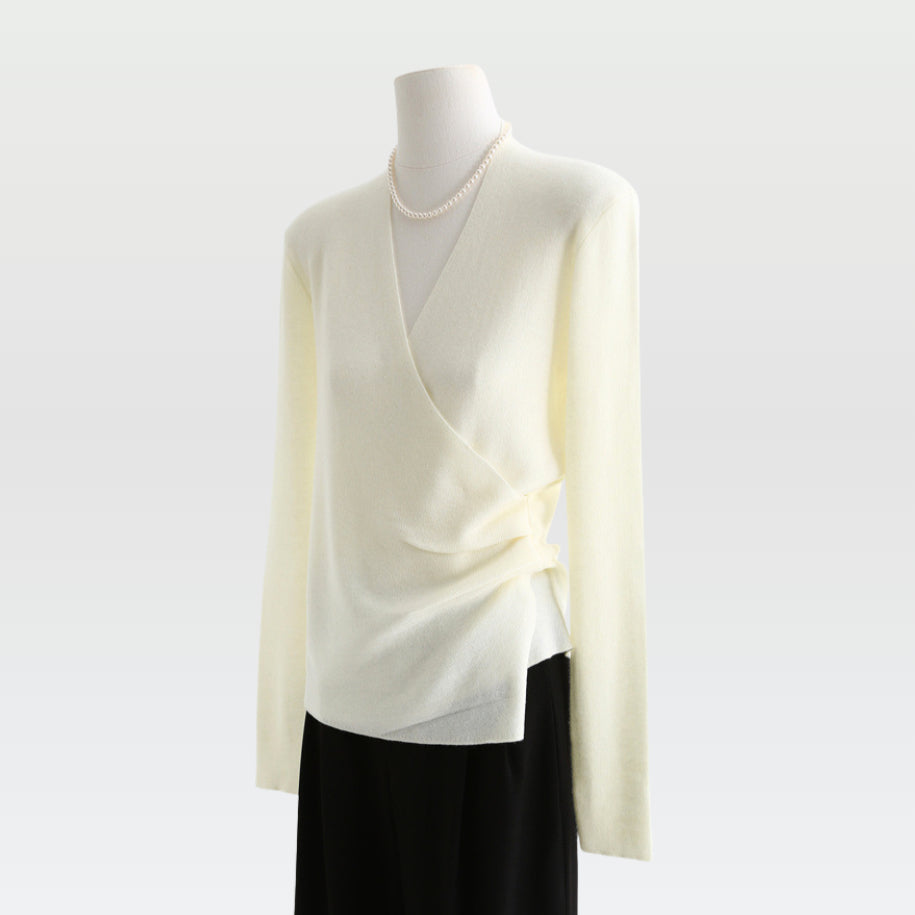 Wrap-Front Wool Blend V-Neck Sweater