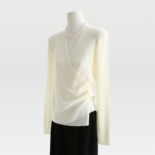 Wrap-Front Wool Blend V-Neck Sweater