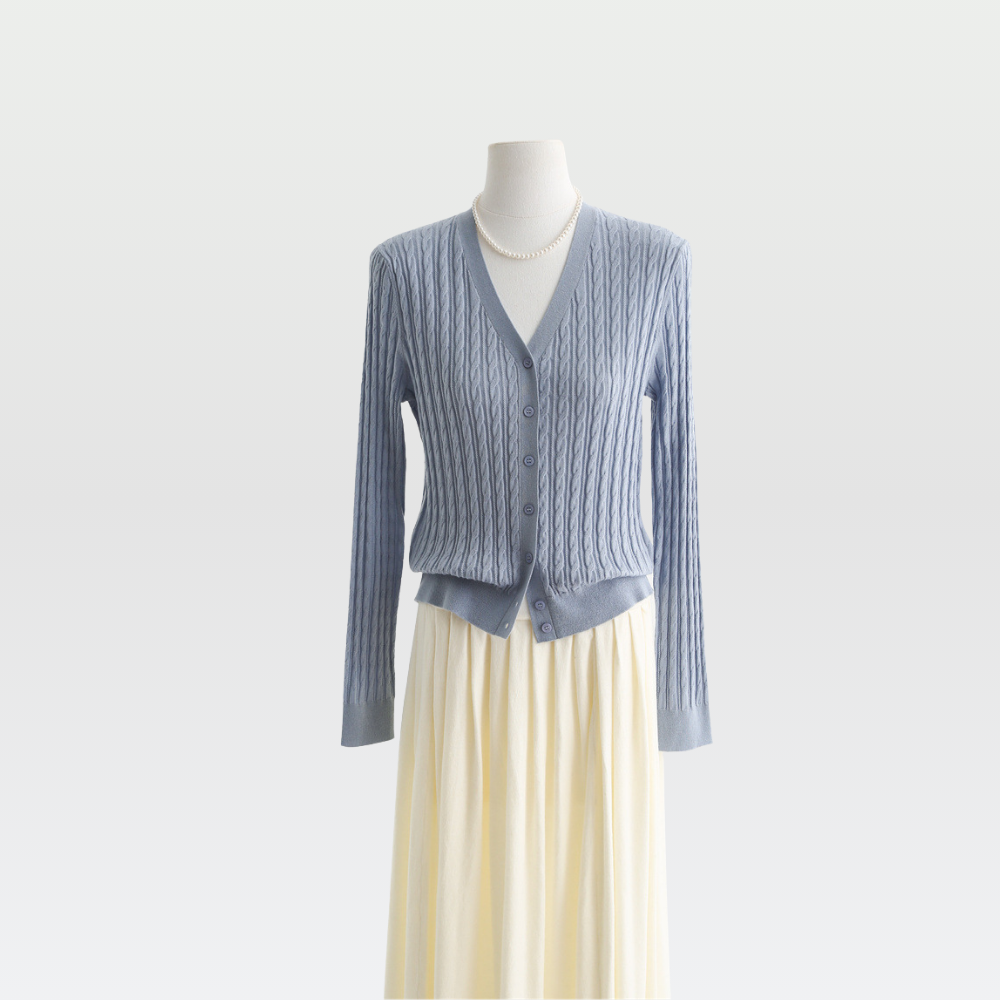 Textured V-Neck Wool Blend Cardigan
