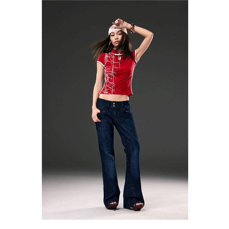 Pokiovo Mandarin Collar Cropped T-Shirt