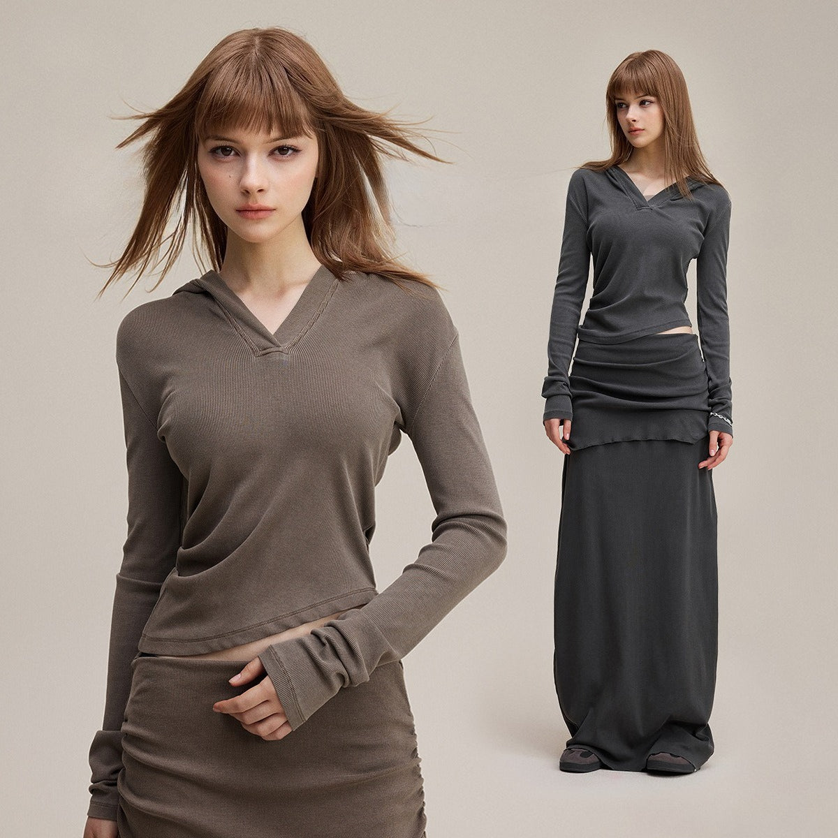 Curve stretchy hoodie skirt set | 5 color