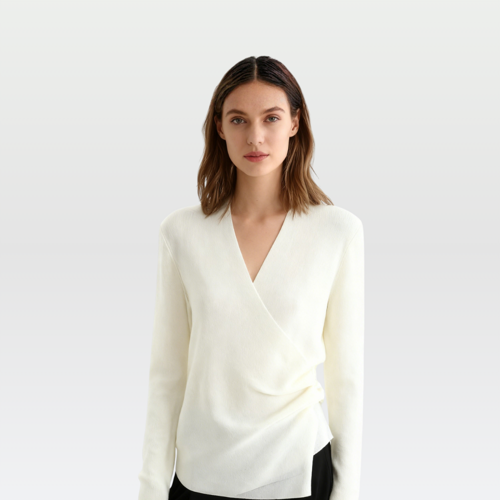 Wrap-Front Wool Blend V-Neck Sweater