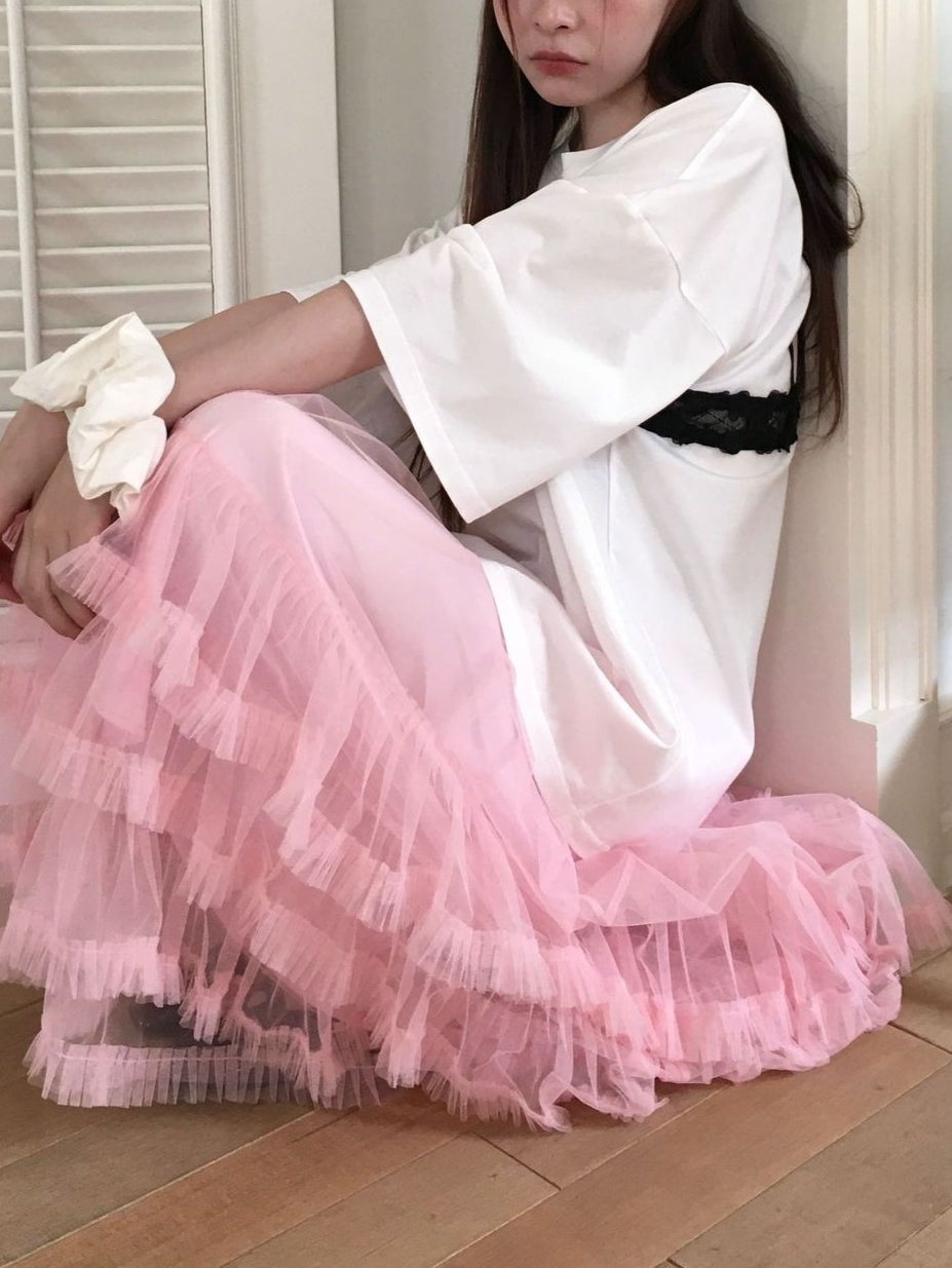 Ovina Ruffled Mesh Maxi Skirt | Pink