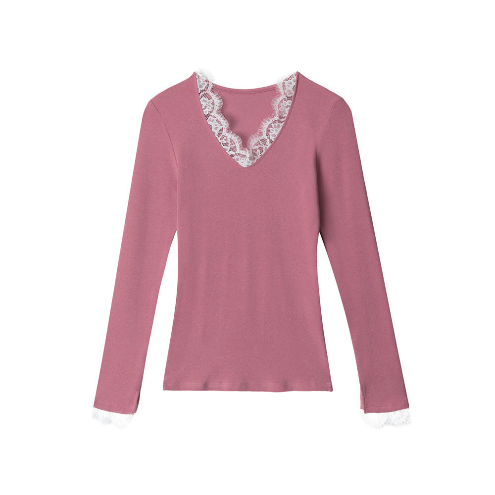 Lace hem V-neck T-shirt | 2 color