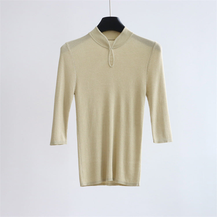 Top de punto con cuello mandarín y mezcla de seda – Detalle de botones retro, manga corta | 5 colores 