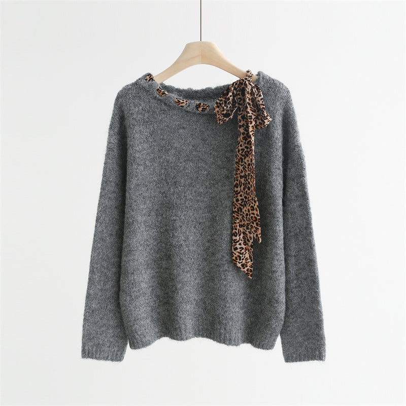 Wool Knit Sweater with Leopard Silk Scarf  | 3 Colors