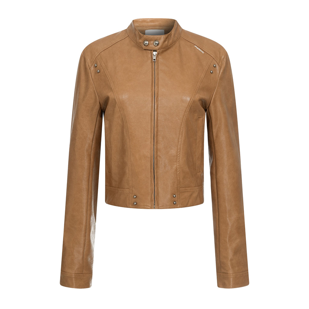 Pokiovo Stand Collar Faux Leather Biker Jacket
