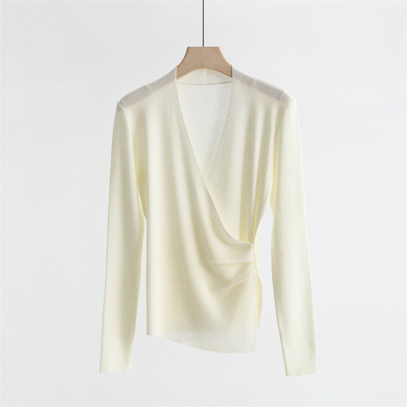 Wrap-Front Wool Blend V-Neck Sweater