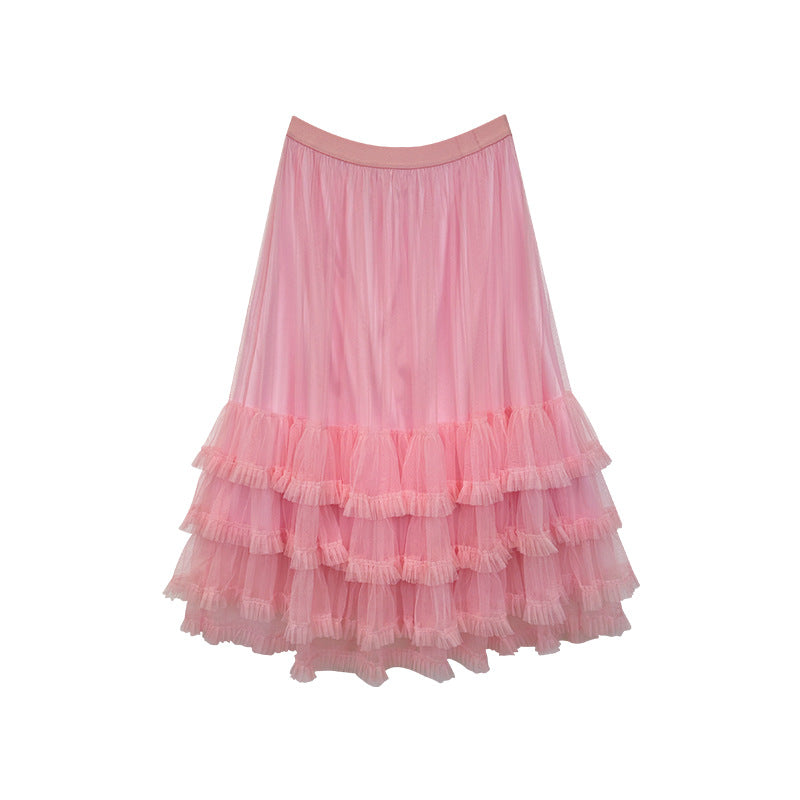 Ovina Ruffled Mesh Maxi Skirt | Pink