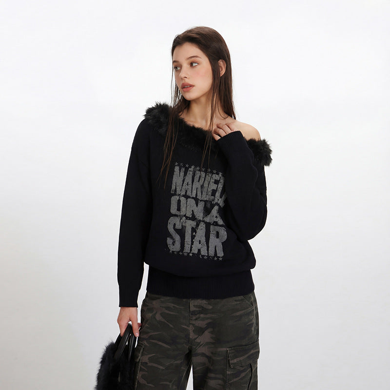 Off-shoulder fur collar knitwear | 2 color