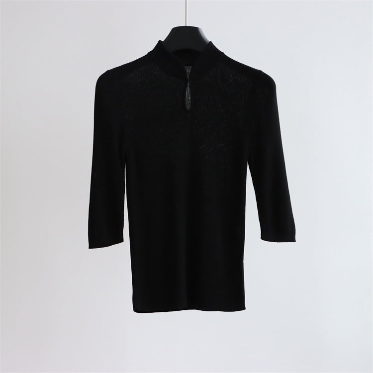 Top de punto con cuello mandarín y mezcla de seda – Detalle de botones retro, manga corta | 5 colores 