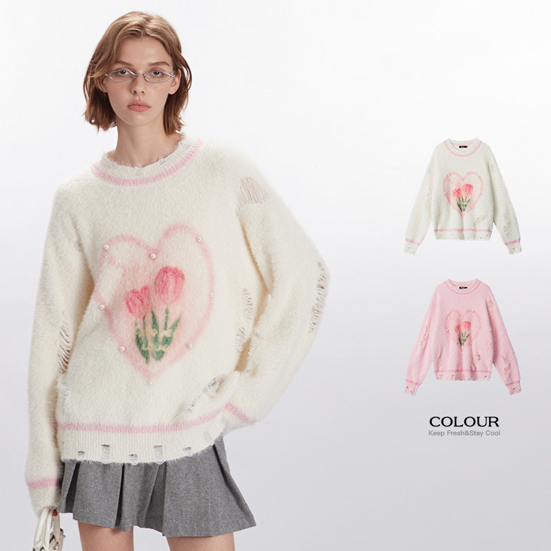 Heart-print loose sweater | 2 color