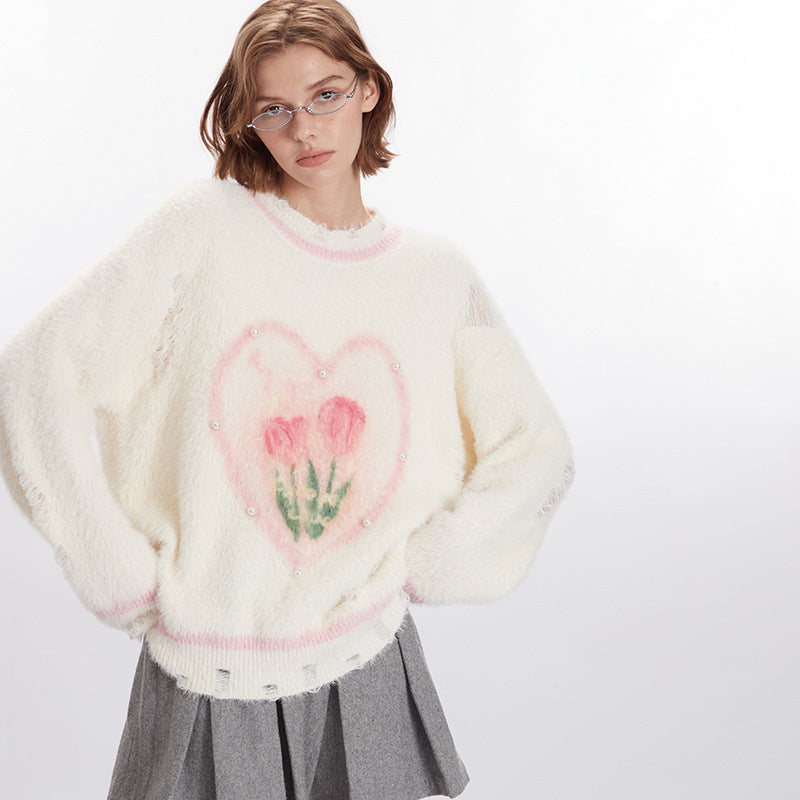 Heart-print loose sweater | 2 color