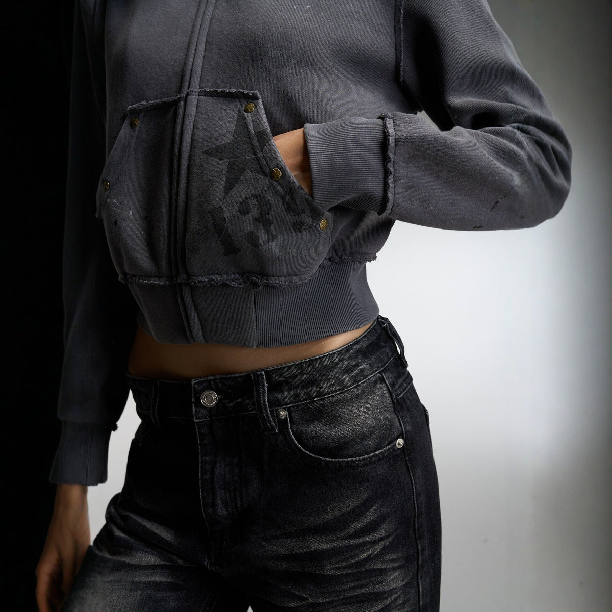 Pokiovo Studded Stand Collar Cropped Jacket