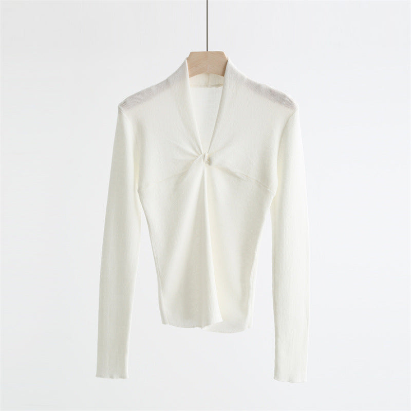 Twist-Front V-Neck Wool Blend Sweater