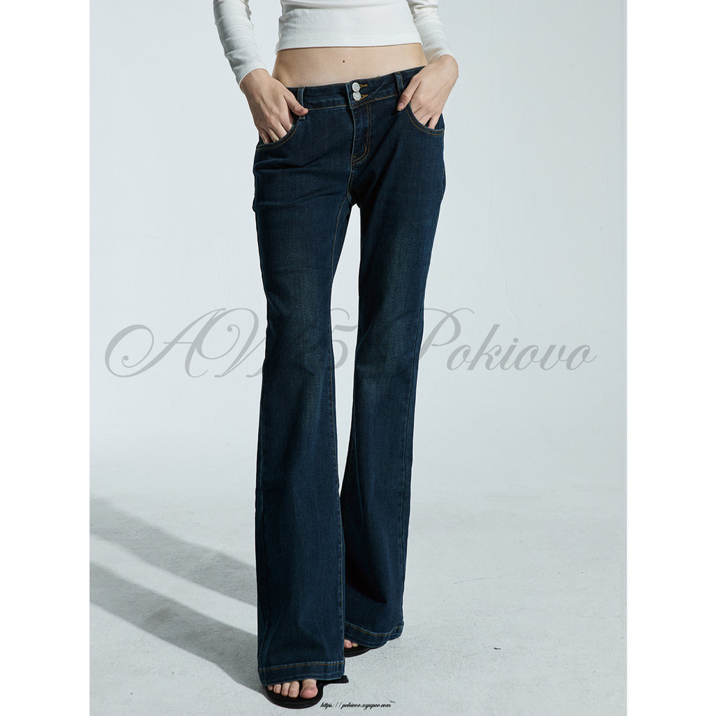 Pokiovo Mid Rise Vintage Wash Flared Jeans