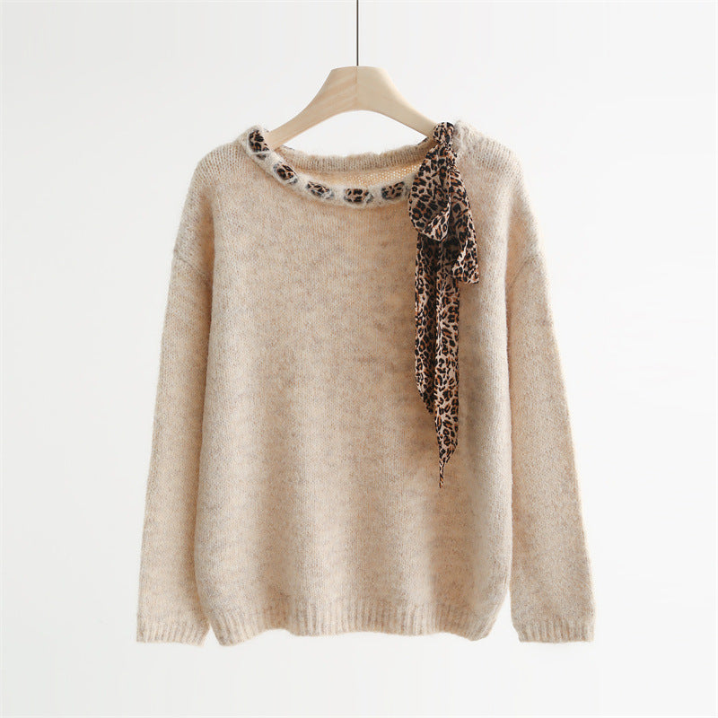 Wool Knit Sweater with Leopard Silk Scarf  | 3 Colors