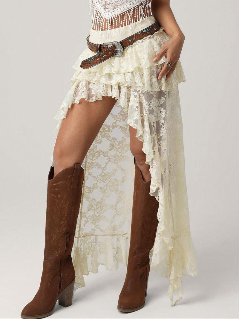 Asymmetric Ruffle Lace Skirt