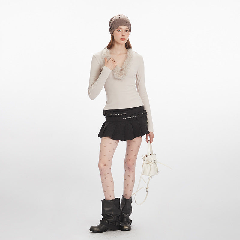 Hairy collar slim fit elastic top | 2 color