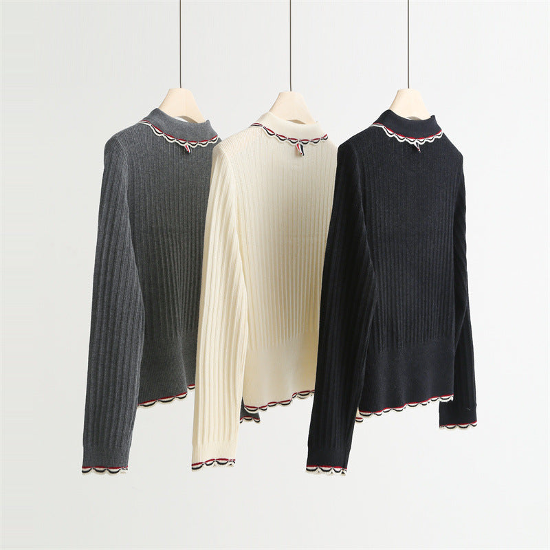 Wool Blend Polo Knit Top with Wave Trim