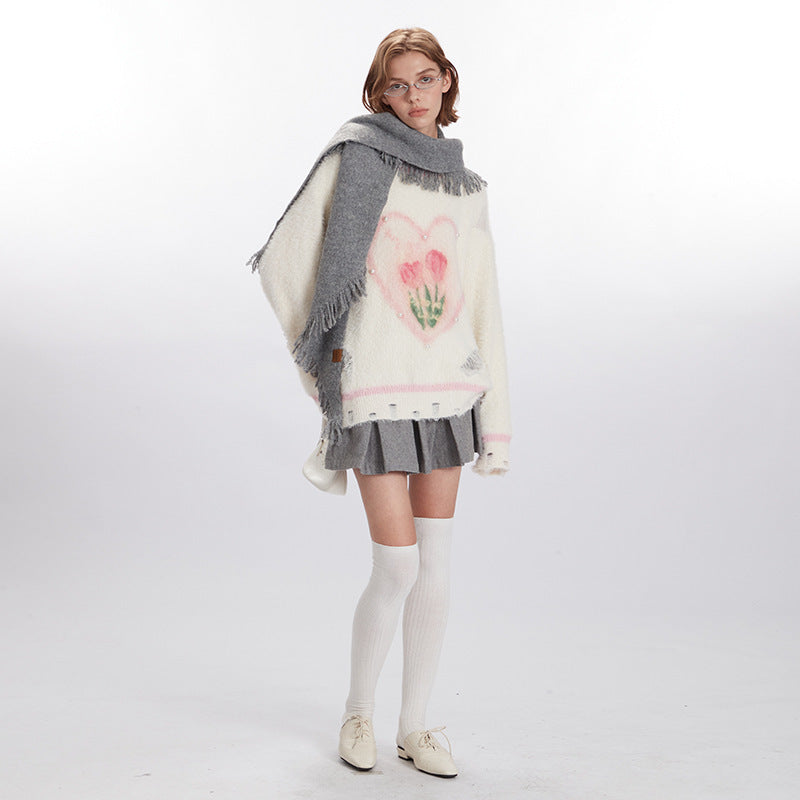 Heart-print loose sweater | 2 color