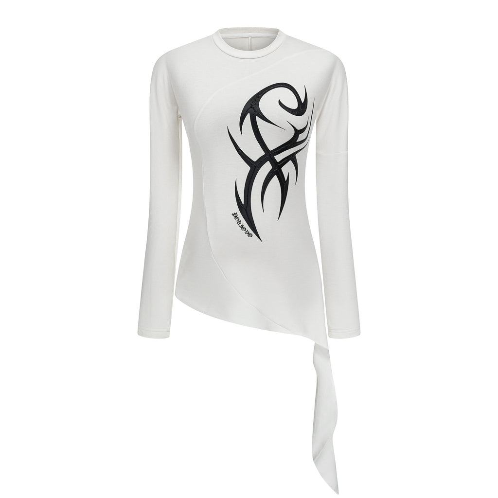 Pokiovo Printed Tie Detail Long Sleeve Top | White