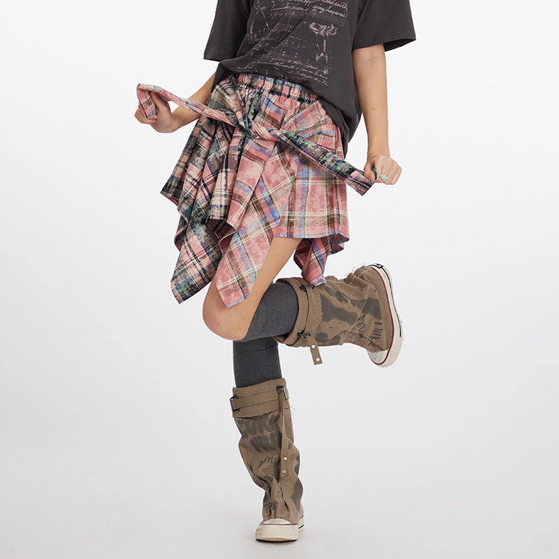 Irregular hem check skirt