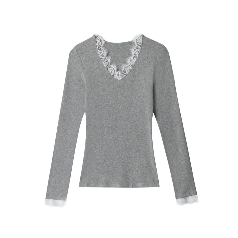 Lace hem V-neck T-shirt | 2 color