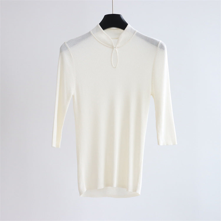 Top de punto con cuello mandarín y mezcla de seda – Detalle de botones retro, manga corta | 5 colores 