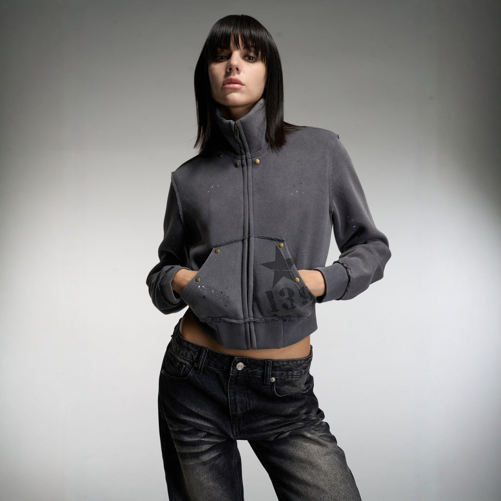 Pokiovo Studded Stand Collar Cropped Jacket