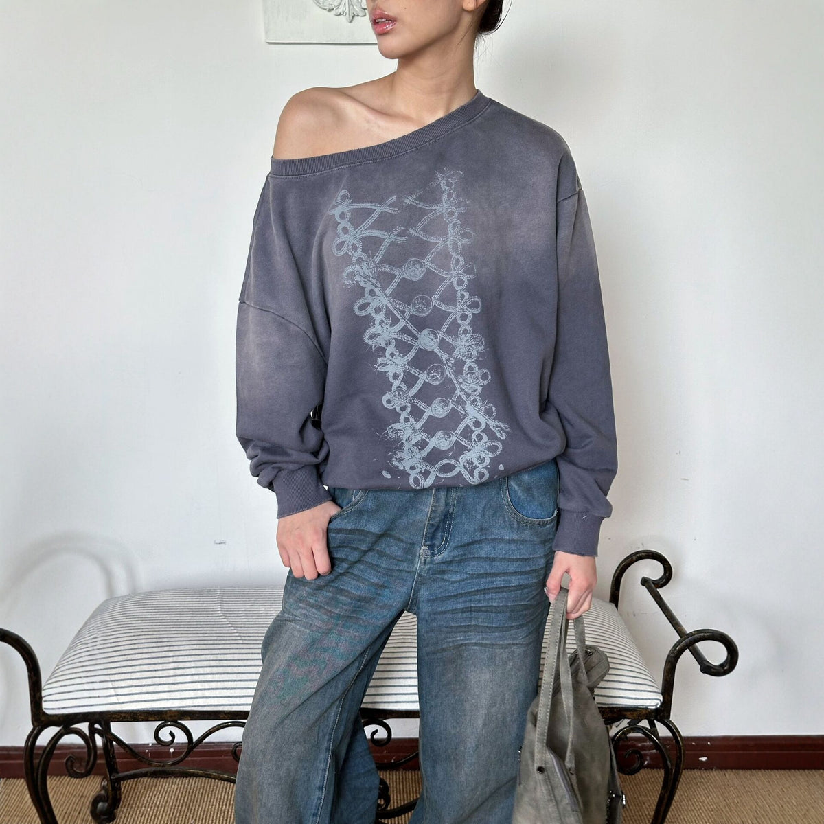 Pokiovo Off Shoulder Military Inspired Sweatshirt