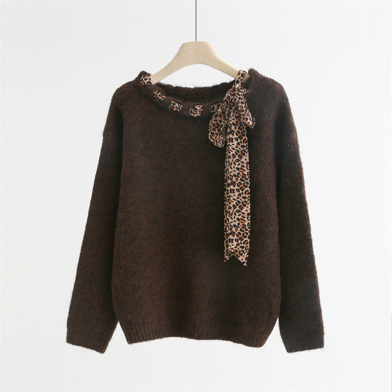Wool Knit Sweater with Leopard Silk Scarf  | 3 Colors