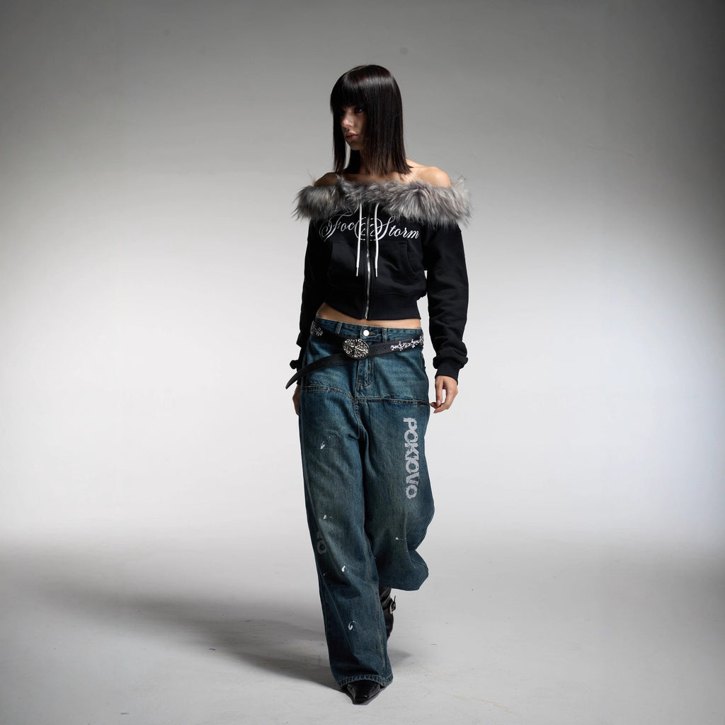 Pokiovo Off Shoulder Sweatshirt with Detachable Collar