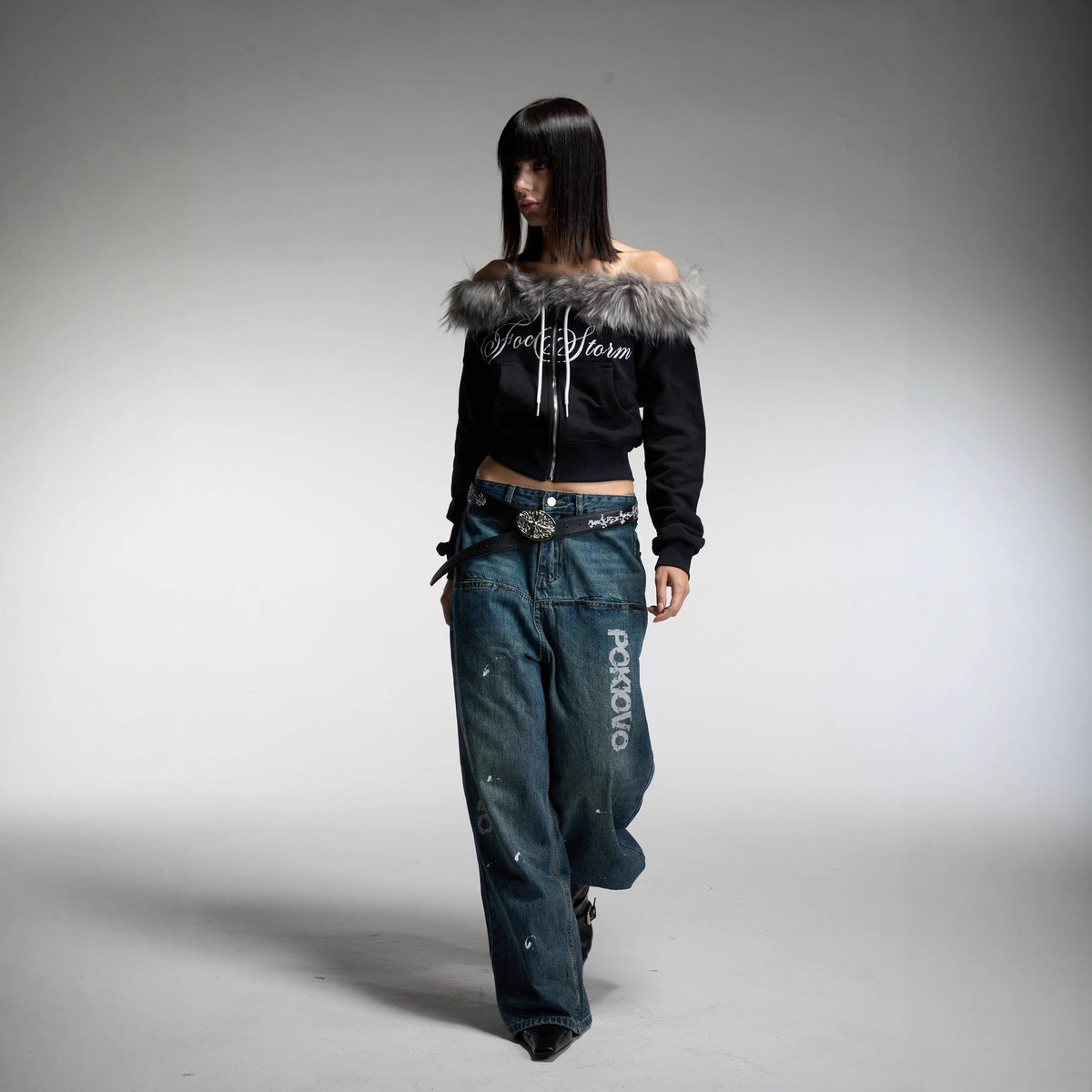 Pokiovo Off Shoulder Sweatshirt with Detachable Collar